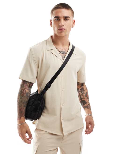 New Look – Kurzärmliges Hemd aus weichem Seersucker in Steinbeige