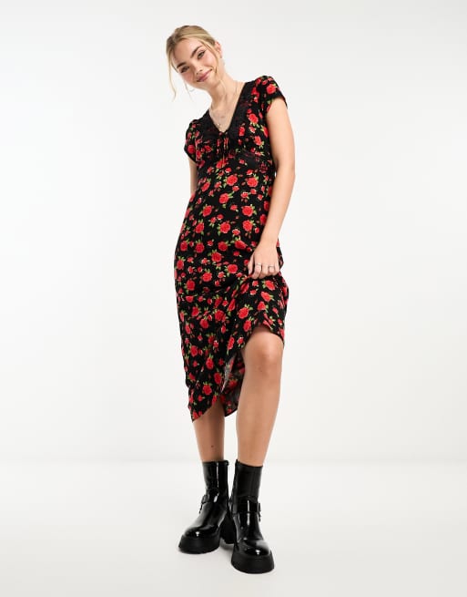 New Look Kurzarmliges Midi Freizeitkleid mit Spitzenbesatz und Rosenmuster ASOS