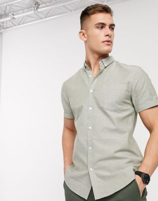 New Look – Kurzärmliges Oxford-Hemd aus Bio-Baumwolle in Khaki-Grün