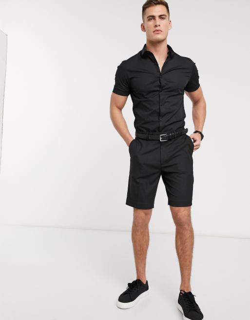 New Look – Kurzärmliges, schwarzes Popeline-Hemd in Muskelform, 4 von 4