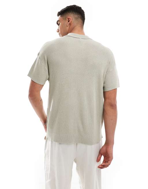 New Look – Kurzärmliges Strick-Polohemd in blassem Khaki mit kurzem Reißverschluss, 2 von 4