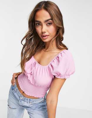 New Look – Kurze, gesmokte Bauernbluse in Rosa