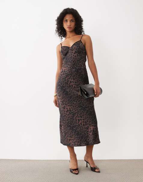 New Look lace bust detail satin midi dress in brown leopard print - view 1