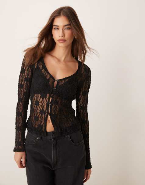 New Look lace button down cardigan in black - view 1