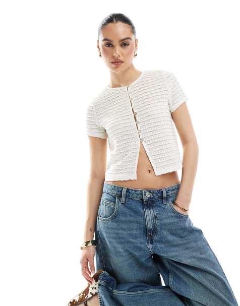 New Look lace button front crop top in cream - view 1