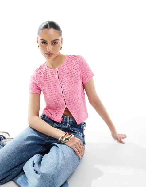 New Look lace button front crop top in pink - view 1
