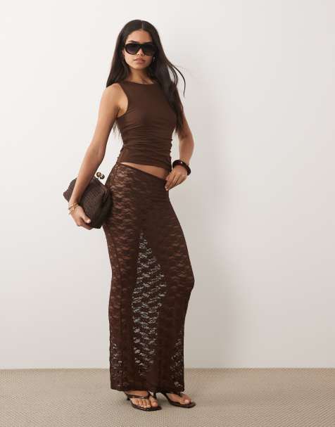 New Look lace column beach maxi skirt in brown - view 1
