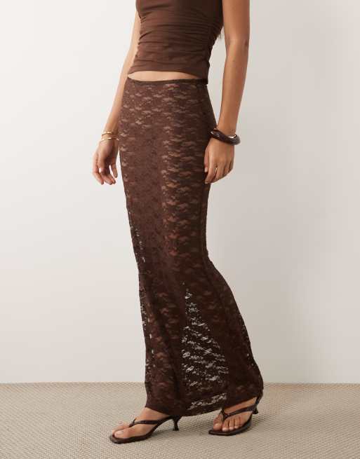 New Look lace column beach maxi skirt in brown, 2 of 5