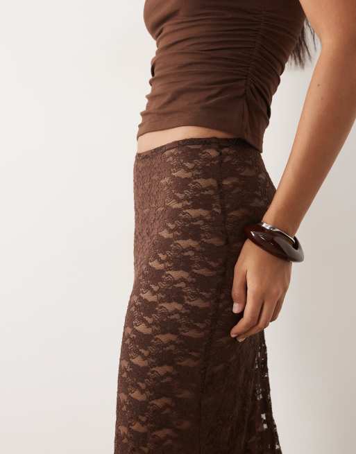 New Look lace column beach maxi skirt in brown, 3 of 5