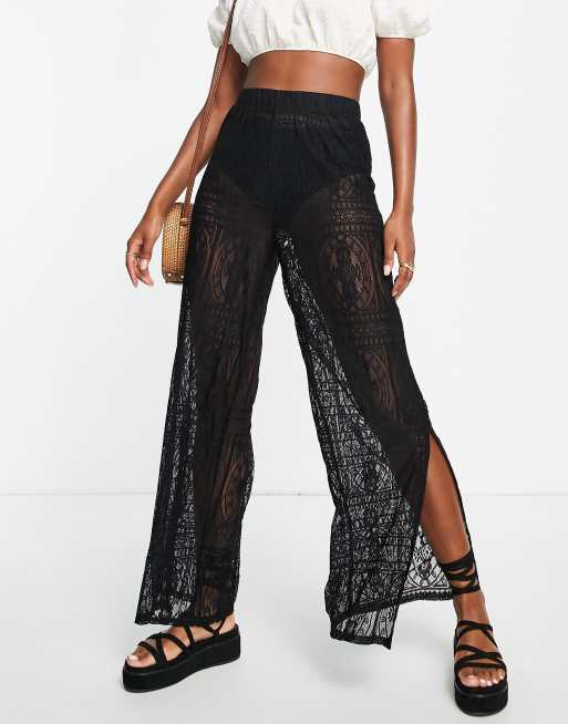 New Look lace crochet wide leg pants in black | ASOS