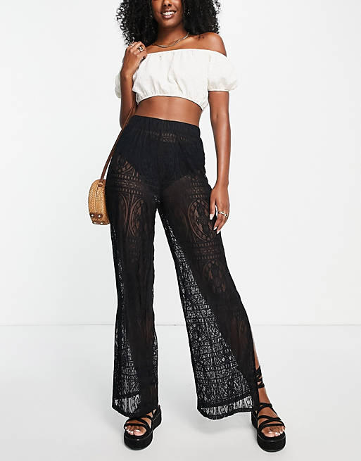New Look lace crochet wide leg pants in black