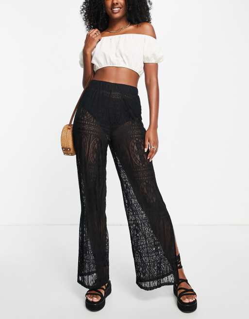 Crochet-look Pull-on Pants - Black - Ladies