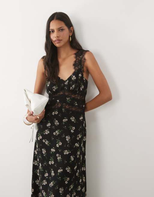 New Look lace detail floral midi dress in black