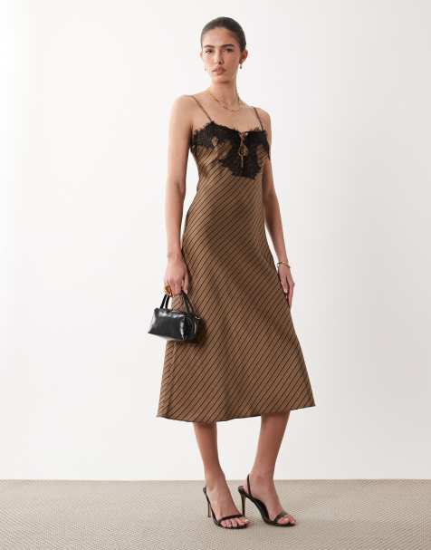 New Look lace detail satin midi dress in brown stripe