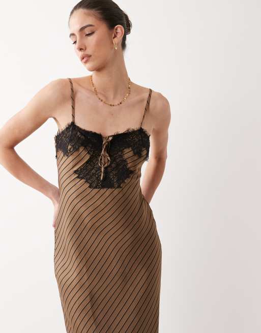 New Look lace detail satin midi dress in brown stripe, 2 of 4