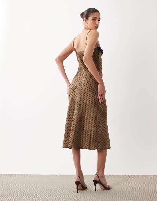 New Look lace detail satin midi dress in brown stripe, 4 of 4