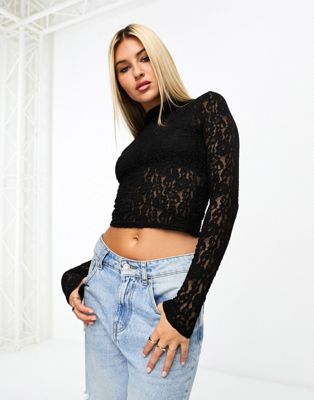 New Look lace high neck top in black