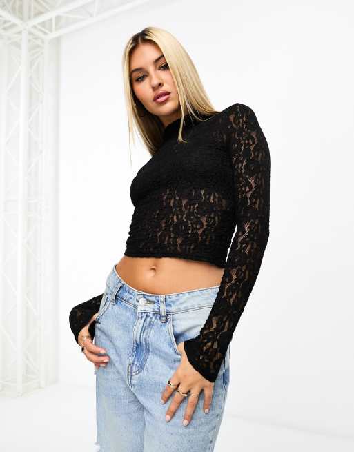 New Look lace high neck top in black | ASOS