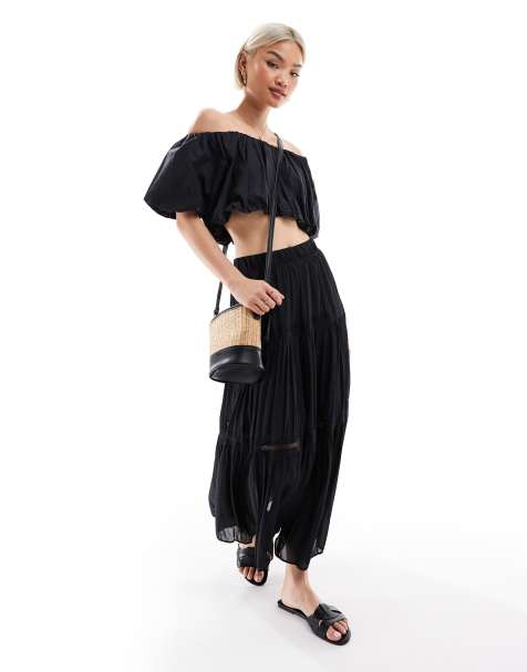New Look lace insert crinkle tiered midi skirt in black - view 1