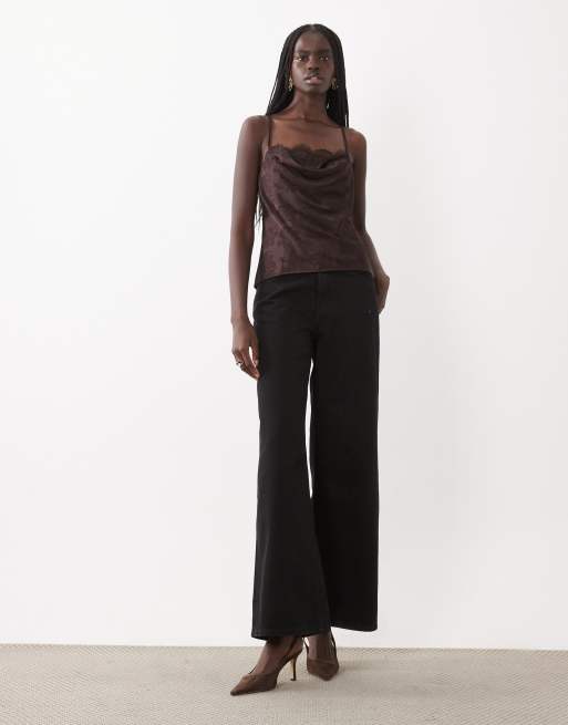 New Look lace insert jacquard cami in dark brown, 2 of 4