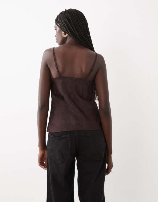 New Look lace insert jacquard cami in dark brown, 4 of 4