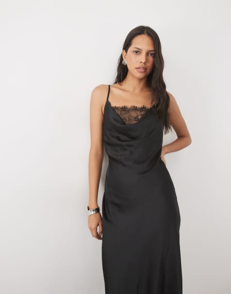 New Look lace insert satin cowl neck midi dress in black - view 1