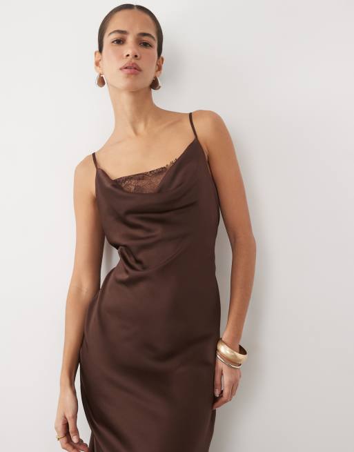 New Look lace insert satin cowl neck midi dress in deep chocolate, 2 of 4