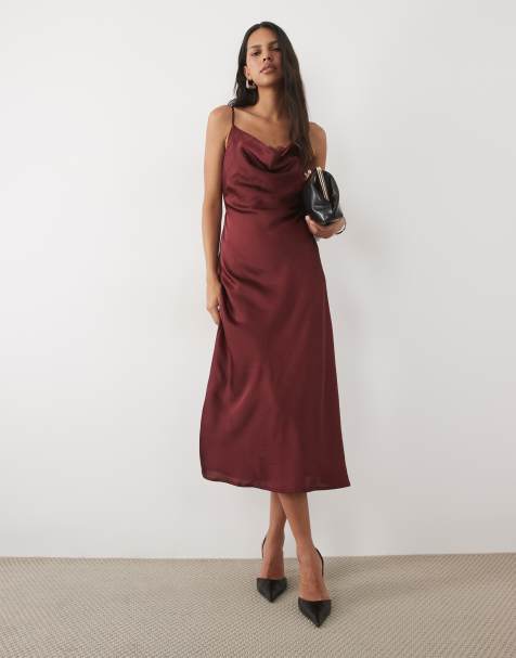 New Look lace insert satin cowl neck midi dress in deep plum - view 1
