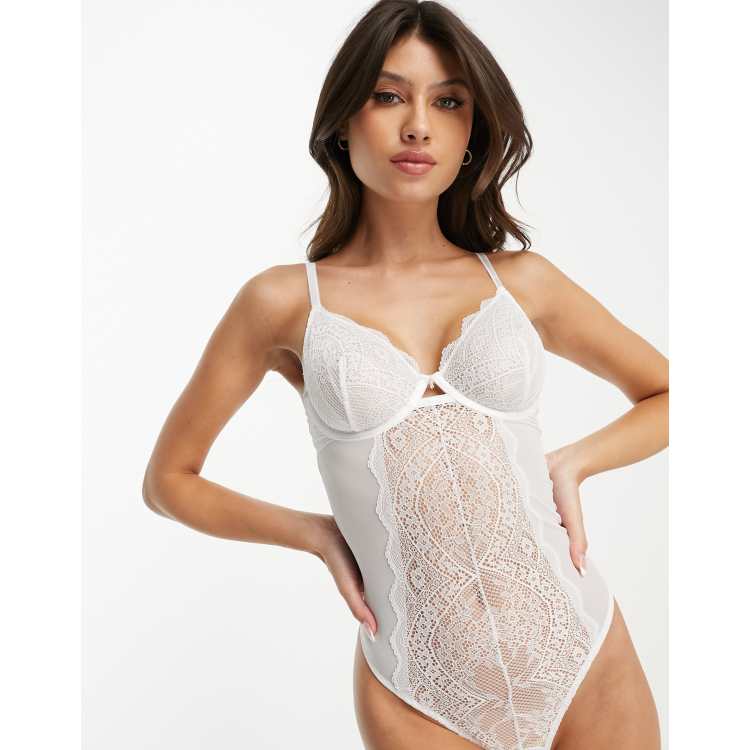 Women Premium Lingerie Lace and Mesh Bodysuit White