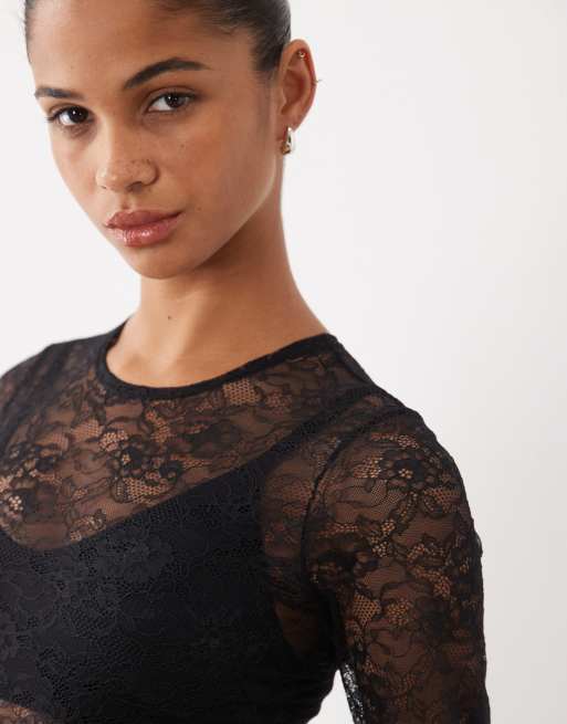 New Look lace long sleeve body in black, 3 of 4