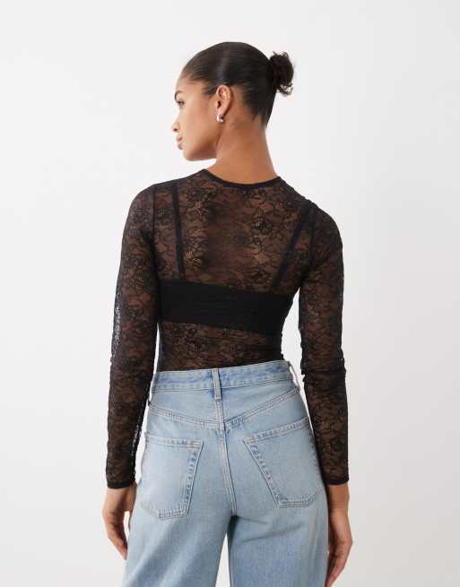 New Look lace long sleeve body in black, 4 of 4