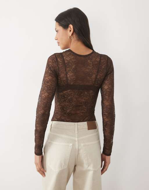New Look lace long sleeve body in dark brown, 4 of 4