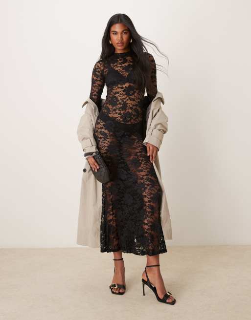 New Look lace long sleeve midi dress in black ASOS