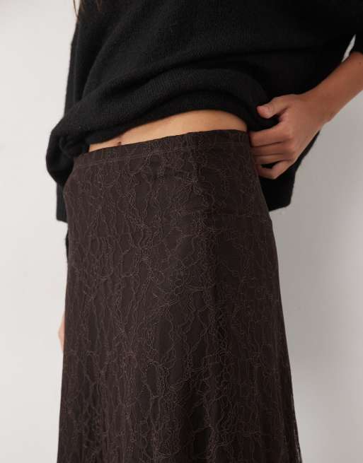 New Look lace midi skirt with hanky hem in dark brown, 3 of 5