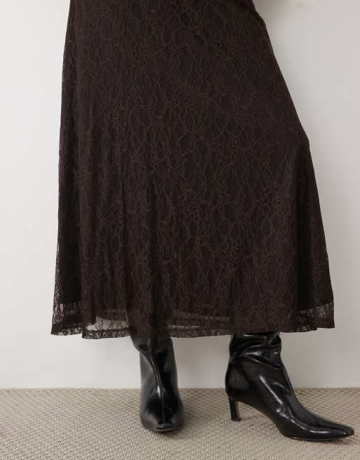 New Look lace midi skirt with hanky hem in dark brown, 4 of 5