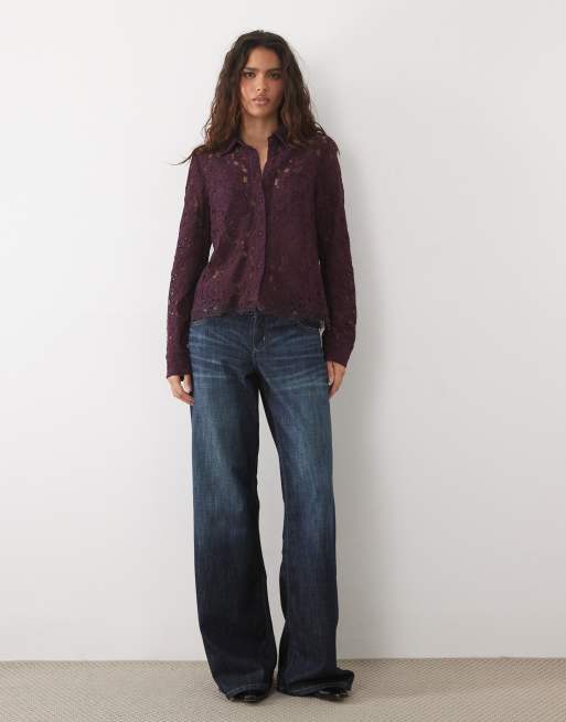 New Look lace shirt in burgundy, 2 of 4