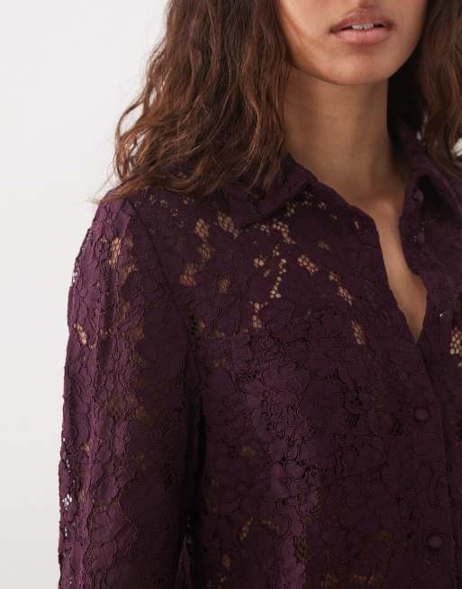 New Look lace shirt in burgundy, 3 of 4