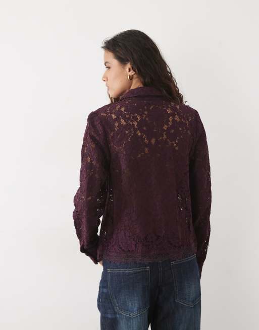 New Look lace shirt in burgundy, 4 of 4