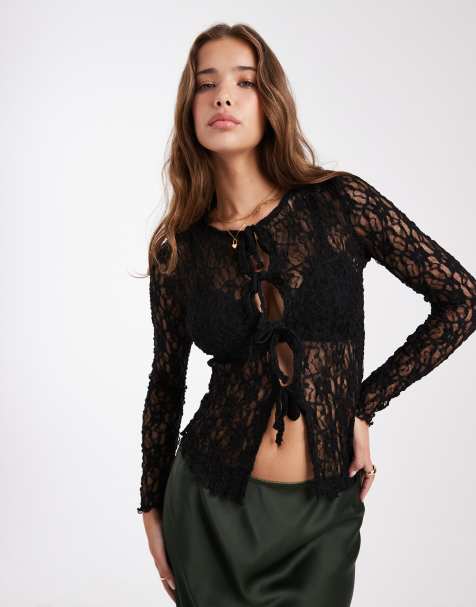 New Look lace tie up top in black - view 1