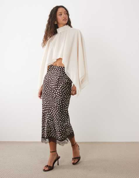 New Look lace trim abstract polka dot midi skirt in dark brown - view 1