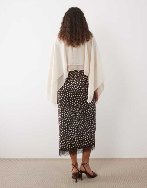 New Look lace trim abstract polka dot midi skirt in dark brown, 3 of 5