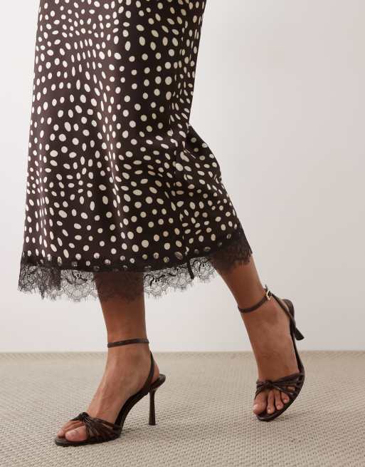 New Look lace trim abstract polka dot midi skirt in dark brown, 4 of 5