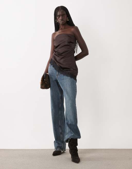 New Look lace trim asymmetric satin bandeau top in dark brown, 2 of 4