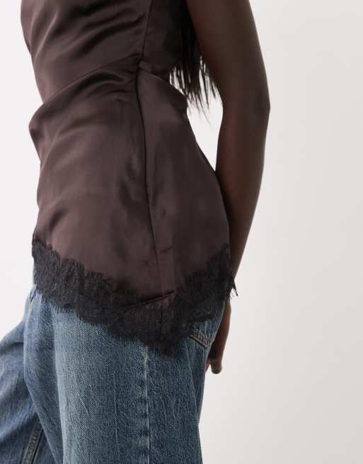 New Look lace trim asymmetric satin bandeau top in dark brown, 3 of 4