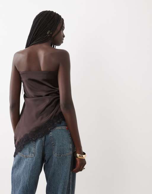 New Look lace trim asymmetric satin bandeau top in dark brown, 4 of 4