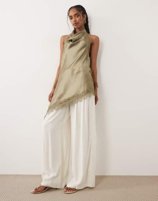New Look lace trim asymmetric satin halter top in khaki, 2 of 4