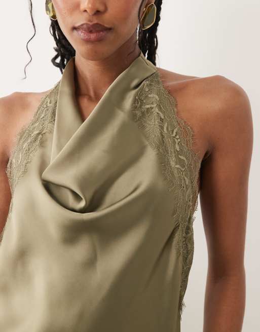 New Look lace trim asymmetric satin halter top in khaki, 4 of 4