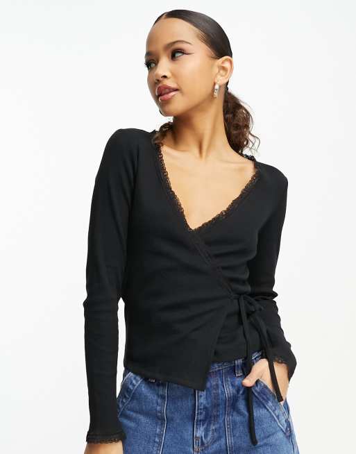 New Look lace trim ballet wrap top in black | ASOS