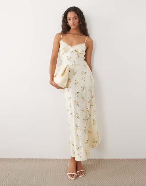 New Look lace trim ditsy floral satin midi dress in yellow - view 1