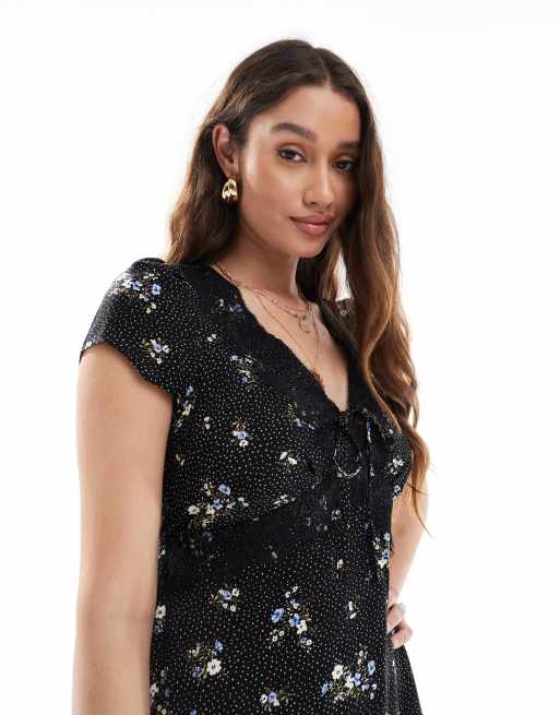 New Look lace trim floral mini tea dress in black, 2 of 4
